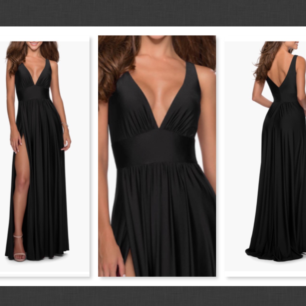 New $328 La Femme Empire Waist Gown With Deep V Neckline Size 0